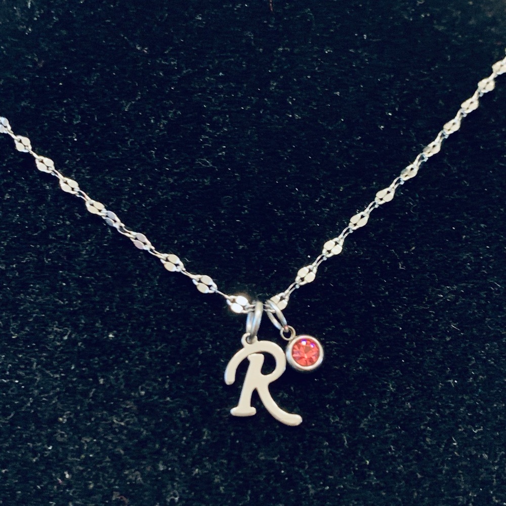 Letter Initial (cursive font) chain necklace with birthstone charm